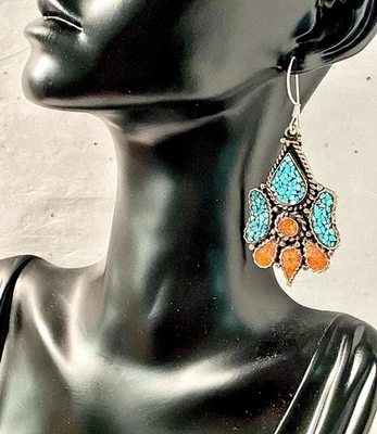 Auténticos Pendientes Mosaico de Plata Marroquí Turquesa Coral Artesanal Boho Cuelgan Foto 1 de 4