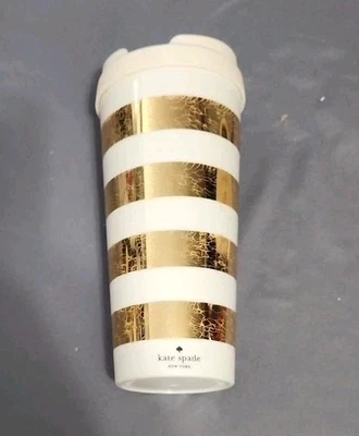KATE SPADE Travel Coffee Tumbler 16 oz. Gold & White Stripes, Plastic - Image 1 of 4