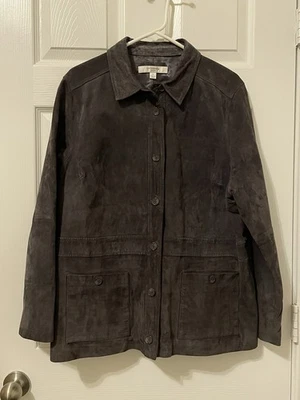 Liz Claiborne 100% Suede Leather Blazer Jacket Womens M Gray Button Classic - Image 1 of 4