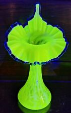 Fenton Vaseline Uranium Glass Daisy & Fern Jack in the Pulpit Vase Cobalt Crest