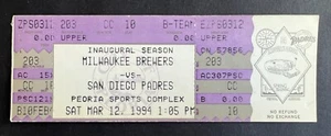 Boleto de colección 1994 Milwaukee Brewers vs San Diego Padres 12/03/94 Peoria AZ - Imagen 1 de 2
