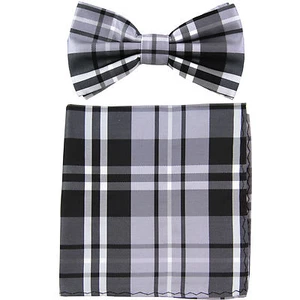 New formal Men's polyester pre-tied bow tie_hankie plaids checkers gray wedding - Picture 1 of 3