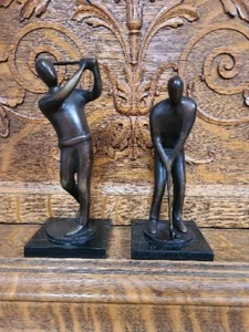 Modern Art Abstract Bronze Sculpture Faceless Golf Player Statues Set of 2 - Picture 1 of 7