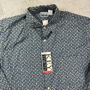 Camisa Vintage Key Elements Años 90 Botón Azul Patrón Único Manga Larga Grande Nueva de Lote Antiguo - Imagen 1 de 8