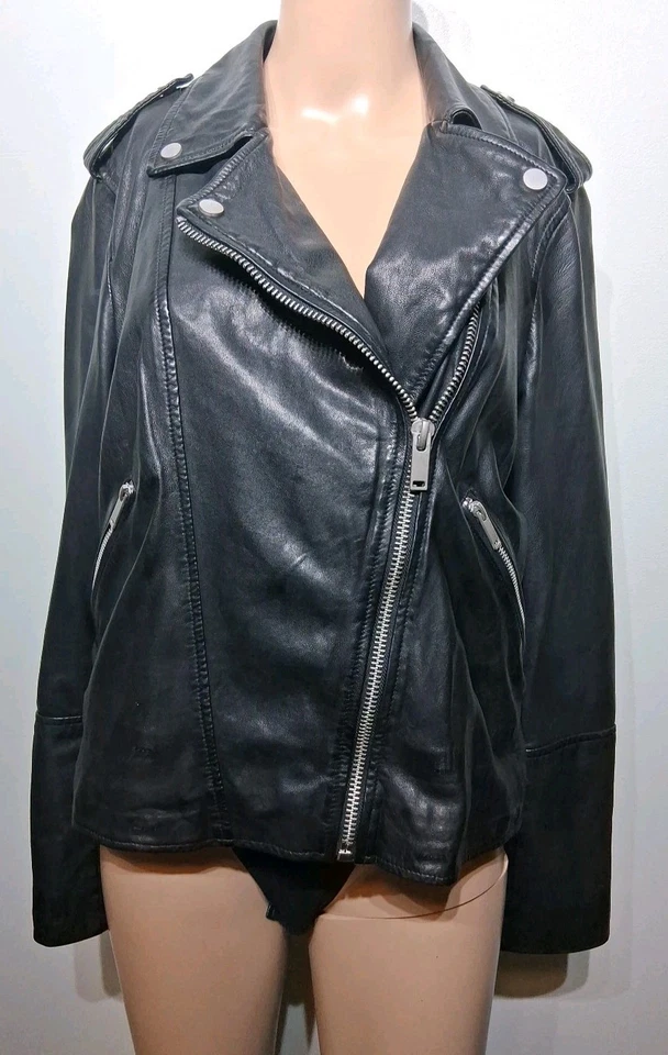 Chaqueta de cuero Aqua para mujer negra Moto bolsillos con cremallera en el puño talla L Foto 1 de 4