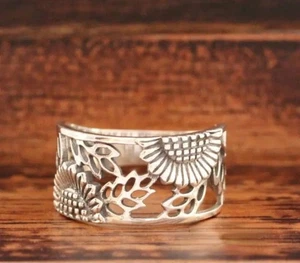 Sunflower Leaf Boho Scroll Open Work Sterling Silver Eternity Stacking Ring Gift - Picture 1 of 6