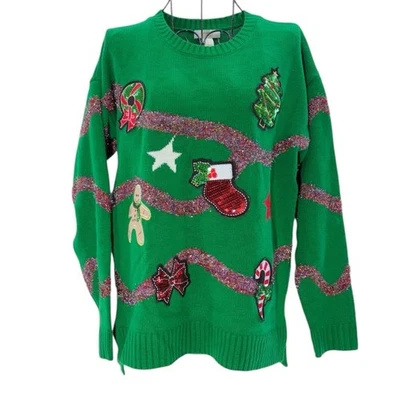 Forever 21 Women's Small Green Christmas Holiday Sequin Embroider Tinsel Sweater - Image 1 of 4