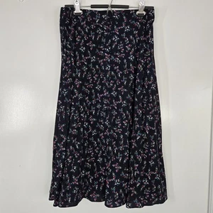 Pleione Midi Skirt Womens LP Navy Blue Ditsy Floral Boho Button Front Pleated - Picture 1 of 11
