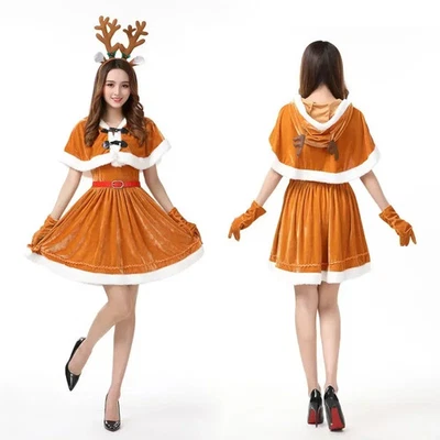Christmas Women Santa Girl Reindeer Brown Dress Uniform Deer Elk Hooded Costume - Image 1 of 4