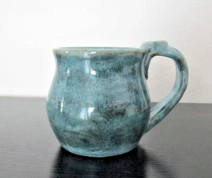 Signed SV Hand Thrown Stoneware Coffee Mug Blue w/ Thumb Rest 8oz -3.5" high - Picture 1 of 9