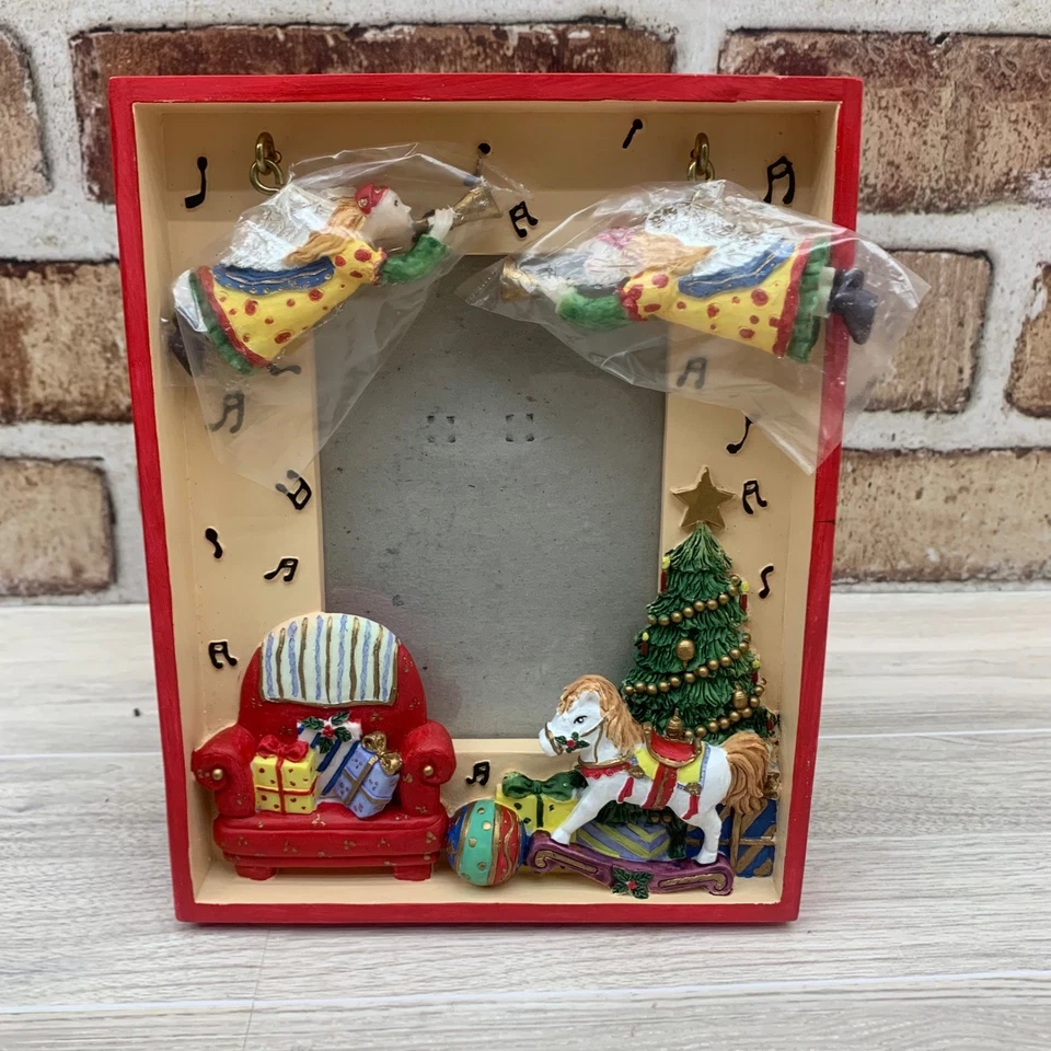 Marco de fotos de Navidad de colección años 90 ángel caballo mecedor decoración navideña angelical Foto 1 de 4