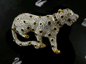 SIGNED SWAROVSKI PAVE' CRYSTAL GOLD LEOPARD PIN ~BROOCH RETIRED RARE NEW - Picture 1 of 8