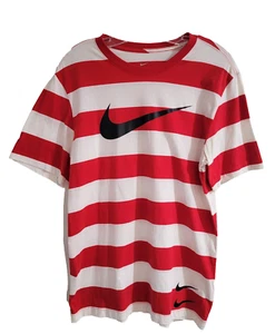 Nike Men's T Shirt Red White Striped Black Swoosh Logo Casual Streetwear Size M - Picture 1 of 9