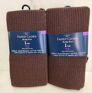 Lot Of 2 Faded Glory Girls Tights Size 7-10 Brown Heavyweight Cotton. - Picture 1 of 5