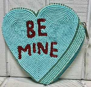 Valentines Conversation Heart “Be Mine” Aqua/Red Beaded Heart Shape Coin Purse - Picture 1 of 5