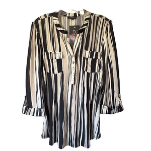 Cocomo Top NEW Sz Med V-Neck 3/4 Length Roll Tab Sleeves Stretch Stripe Career - Picture 1 of 16