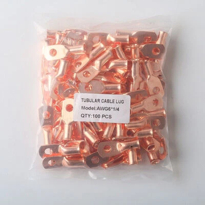 100PCS AWG 6 Gauge Ring 1/4" Hole Terminal Battery Lug Bare Copper Non-Insulated - Image 1 of 4
