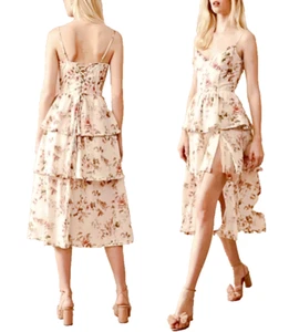 House of Harlow Linen Blend Midi Dress Sz M Pink Floral Tiered Cottagecore Boho - Picture 1 of 13