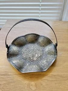 Antique Silverplate Ruffled Handled Basket Trinket Tray Vintage Dish USA 3511 - Picture 1 of 8