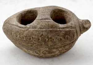 RARE! ANTIQUE Ancient ISLAMIC Figural CARVED STONE Finger OIL LAMP Artifact - Picture 1 of 11