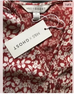 M&S X Ghost Red Floral V Neck Puff Sleeve Wrap Midi Dress tie Size 12 designer - Picture 1 of 7