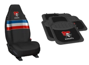 SET OF 2 NEWCASTLE KNIGHTS NRL TEAM LOGO FRONT CAR SEAT COVERS + 4 FLOOR MATS - Bild 1 von 3
