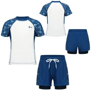 Kids Boys Swim Top Shorts Short Sleeves Swimwear Quick Dry Swimsuit Two Layers - Picture 1 of 21