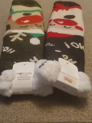 Nicole Nuevo con Etiquetas Para Mujer Reno/Santa Vacaciones Calcetines Esponjosos Zapatilla Calcetines - LOTE DE 2 Foto 1 de 4
