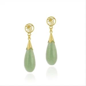 Fashion Natural Light Green Jade Water Drop 18KGP Fortune Stud Dangle Earrings - Picture 1 of 3