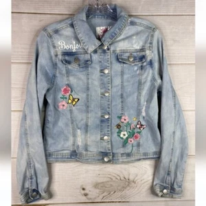 Justice Jacket Girls 16 18 Blue Button Up Embroidered Floral Stretch Den… - Picture 1 of 8