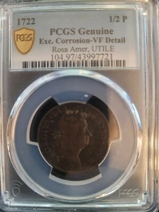 1722 Rosa Americana , UTILE DULCE 1/2 Penny PCGS VF Details - Picture 1 of 2