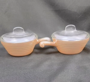 2 MCM Vintage Anchor Glass Fire King Peach Luster Personal Casserole Dish w/ Lid - Picture 1 of 12