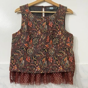 Anthropologie Eva Franco S Brown Jacquard Tulle Boho Feminine Sleeveless Top - Picture 1 of 14