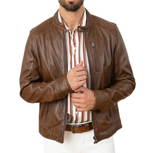 Men's Genuine Leather Jacket Vintage Biker Motorcycle Cafe Racer Coat Brown - Picture 1 of 6