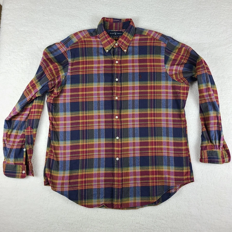 Camisa Polo Ralph Lauren Franela Hombres XL Azul Verde Rojo Amarillo A Cuadros Abotonada De Colección Foto 1 de 4