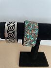 Lot Of 2 Bracelets  Hinged Silver Tone Cuff & Black Snap With Stone Chips   M144