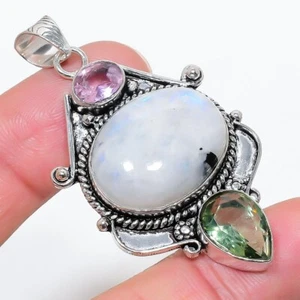 Rainbow Moonstone Gemstone 925 Sterling Silver Handmade Jewelry Pendant Sz 2.1" - Picture 1 of 1