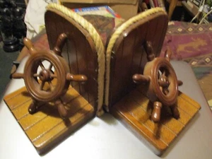 Vintage 80s Ships Wheel Bookends Wood with Rope Trim Taiwan - Picture 1 of 6