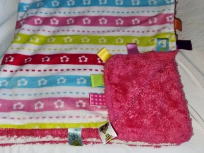 Taggies Pink Baby Blanket Plush Flowers Stripe Blue Green Ribbon Tags Fuzzy Back - Image 1 of 4