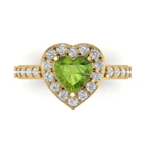 2.25 Heart Halo Natural Peridot Classic Bridal Statement Ring 14k Yellow Gold - Picture 1 of 11