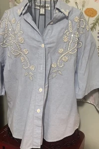 Blusa Jane Ashley Grande Lino Manga Corta Embellecida Semilla Perlas Bling Años 90’s - Imagen 1 de 7