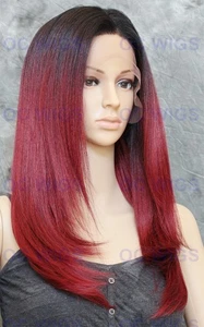 Lange Glatte Hitze OK Lace Front/Top Echthaar Mischung Perücke Burgund Rooted EVEK - Bild 1 von 6