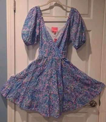  Lilly Pulitzer Iralee Linen Wrap Dress Waist Tie Puff Sleeve Multicolor Sz 8 - Image 1 of 4