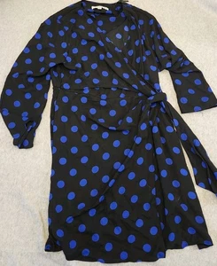 Emma & Michele Kleid Damen XL Schwarz Blau Gepunktet Langarm Wickel Neu - Bild 1 von 12