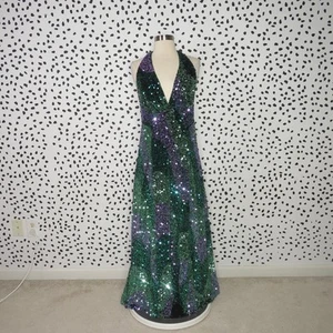 Free People Neckholder-Kleid Damen grün Glitzer & gold Pailletten V-Ausschnitt Größe M neu ohne Etikett - Bild 1 von 13