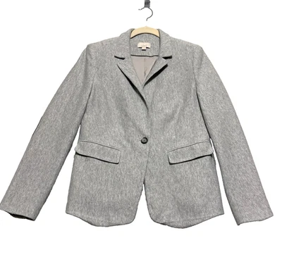 Jaqueta Blazer Loft Feminina Cinza Espinha de Arenque Tamanho 10 Cotovelo Patch Forrado Preppy - Imagem 1 de 4