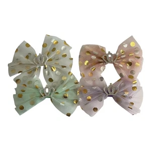 Polka Dot Tulle Bow Hair Clip Accessories 6" choose pink green purple white - Picture 1 of 5