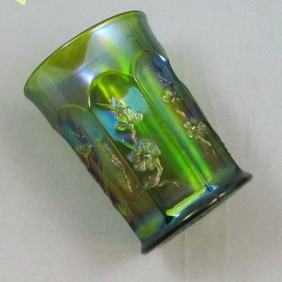 NORTHWOOD SINGING BIRDS GREEN CARNIVAL GLASS TUMBLER EMERALD HI-LITES - Image 1 of 4