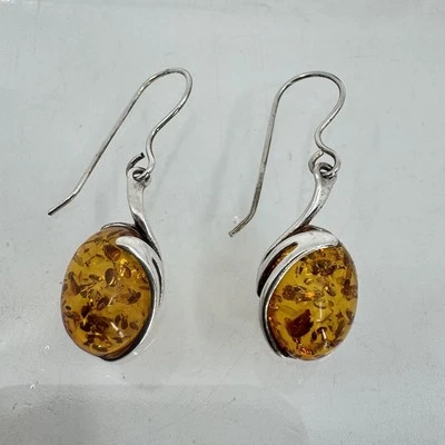 Sterling Silver Genuin Baltic Honey Amber Oval Drop Dangle Earrings  - Image 1 of 4