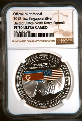 Medalla Prooflike 2018 Singapur US Korea Summit coloreada plata NGC PF70 Foto 1 de 2
